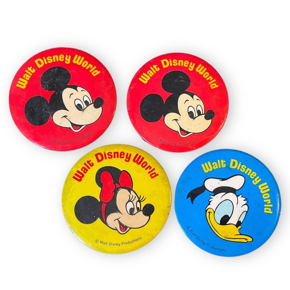 (4) Vintage Walt Disney World 80's Metal 3.5” Button Mickey Minnie Mouse Donald